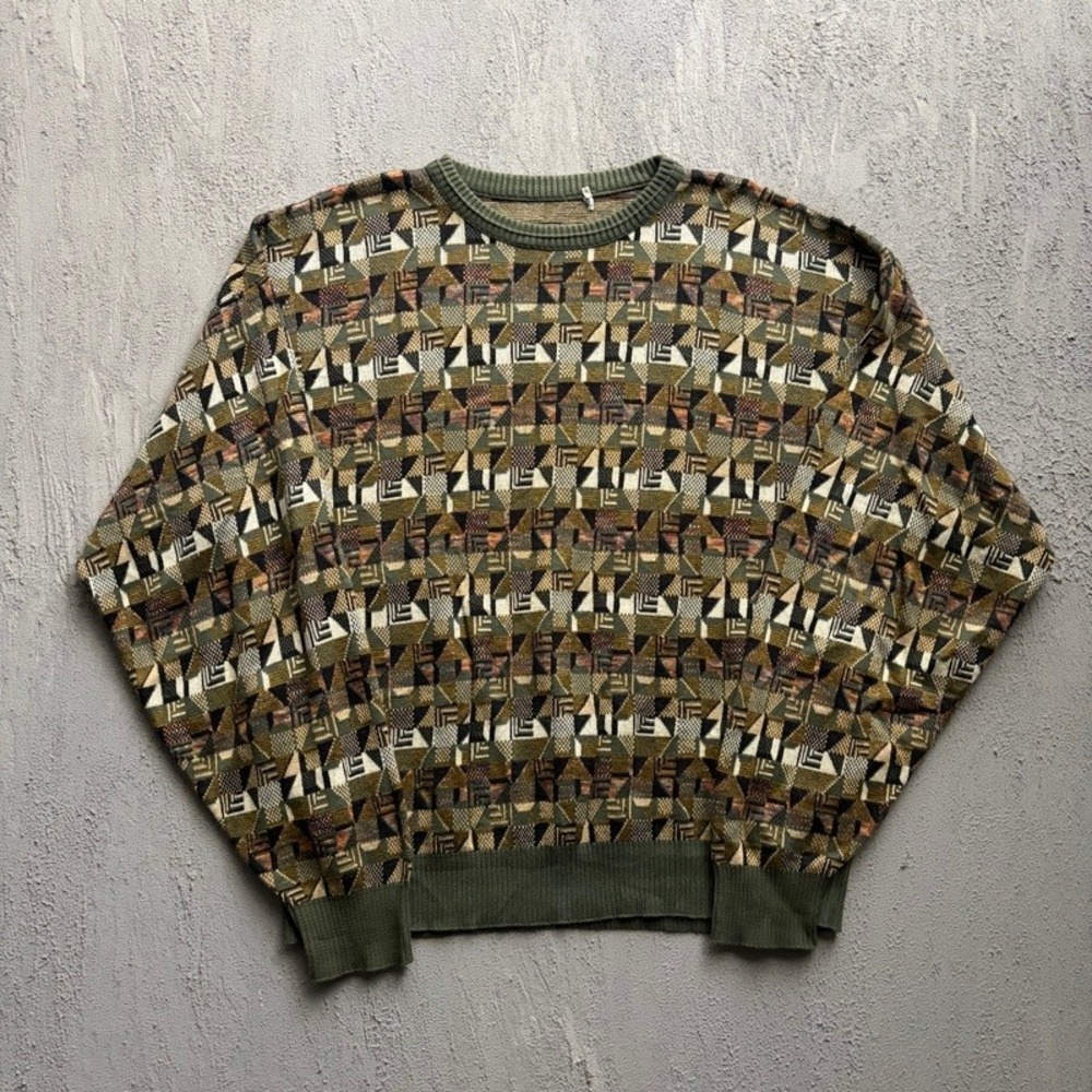 Vintage Geometric Sweater Large Green 1990s Abstract Knit Pullover